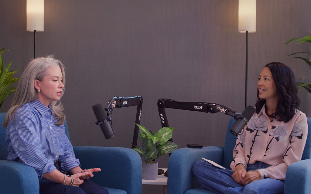 Host Lana Doan and psychotherapist Jennifer White sitting together in a bright, professional studio setting, engaged in an empathetic and insightful conversation about eating disorder awareness and recovery.